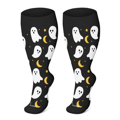 Plusock Plus Size Halloween Cute Bat Cat Print Compression Socks - Black - 4XL - image 12