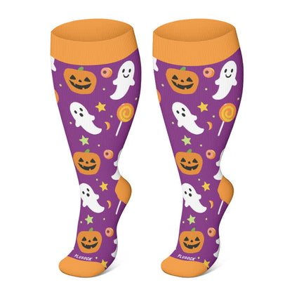 Plusock Plus Size Halloween Cute Bat Cat Print Compression Socks - Orange-A - 4XL - image 14