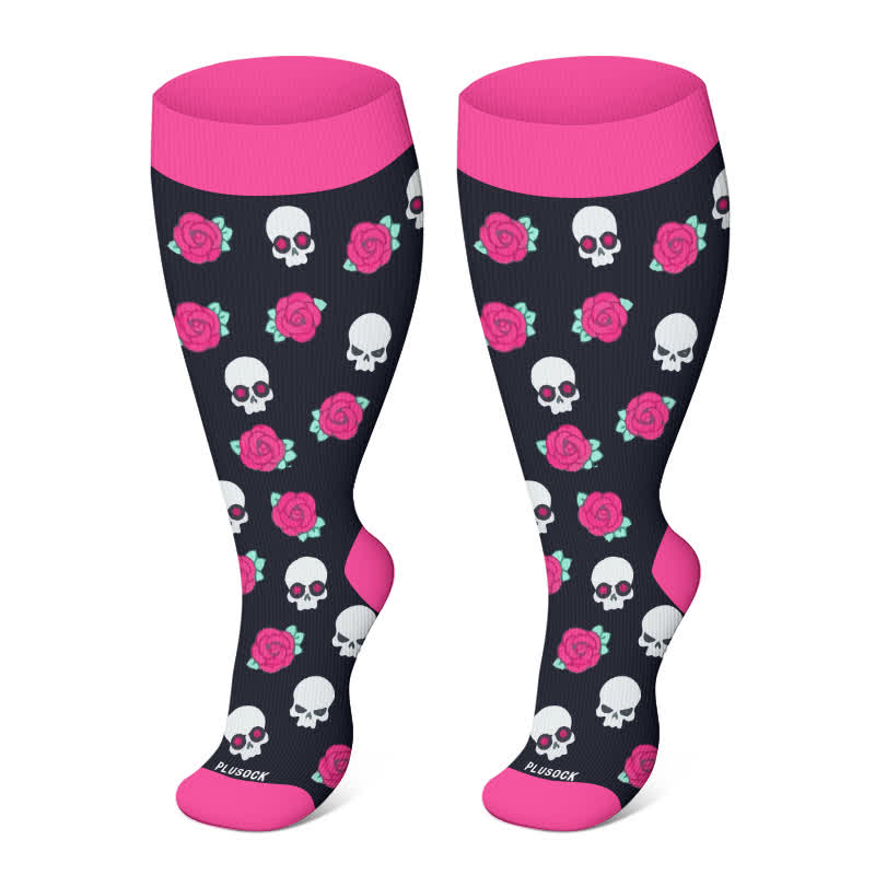 Plusock Plus Size Halloween Cute Bat Cat Print Compression Socks - Rose - 4XL - image 15