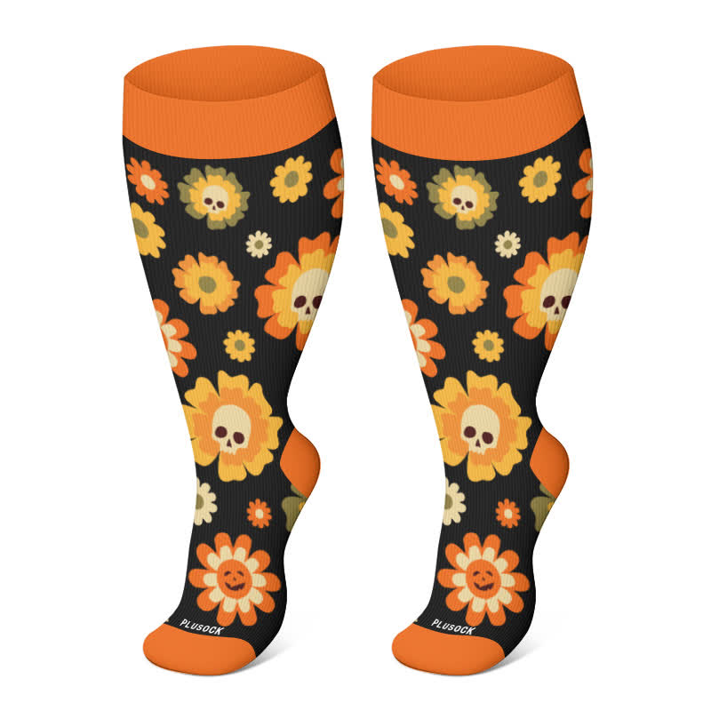 Plusock Plus Size Halloween Cute Bat Cat Print Compression Socks - Orange-B - 4XL - image 17