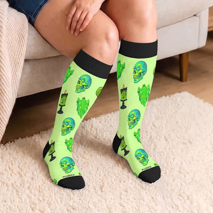 Plusock Plus Size Neon Skull Compression Socks - Green - 4XL - image 1