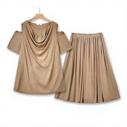 Plusock Draped Cold-Shoulder Midi Two-Piece Skirt Set - Khaki - 6XL - image 3
