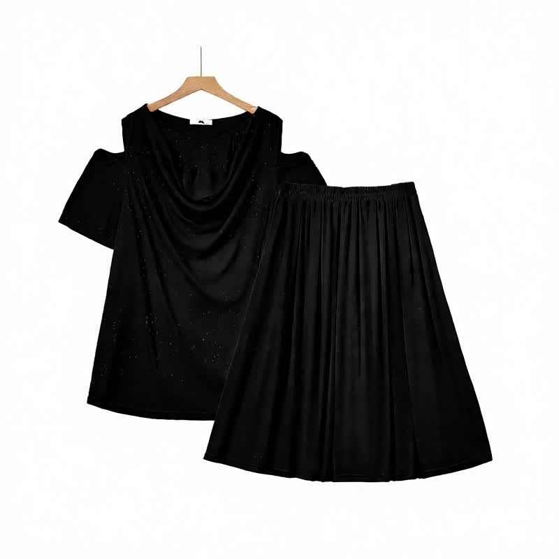 Plusock Draped Cold-Shoulder Midi Two-Piece Skirt Set - Black - 6XL - image 0