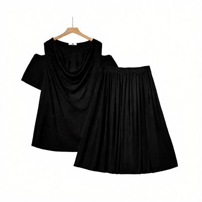 Plusock Draped Cold-Shoulder Midi Two-Piece Skirt Set - Black - 6XL - image 0