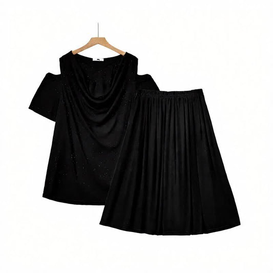 Plusock Draped Cold-Shoulder Midi Two-Piece Skirt Set - Black - 6XL - image 0