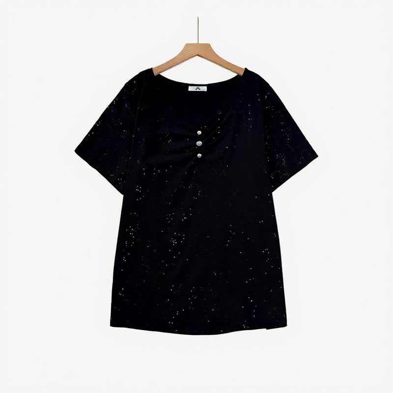 Plusock Speckled Cotton Button Detail Relaxed Top - Black - 6XL - image 0