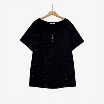 Plusock Speckled Cotton Button Detail Relaxed Top - Black - 6XL - image 0