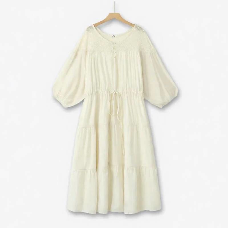 Plusock Boho Drawstring Tiered Vacation Maxi Dress - Beige - 6XL - image 2