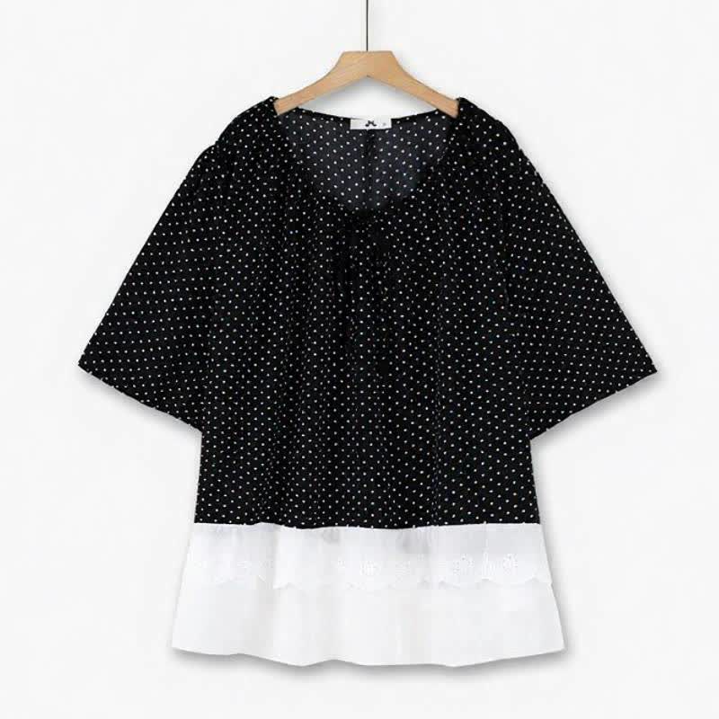Plusock Polka Dot Tie-Neck Ruffle-Hem Tunic Top - Black White - 6XL - image 0