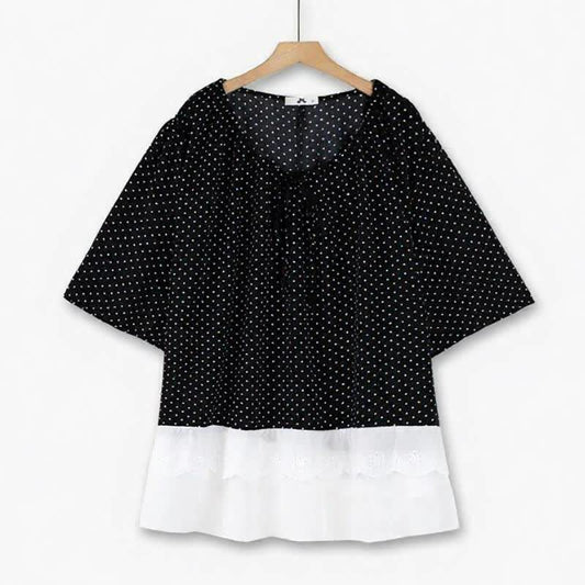 Plusock Polka Dot Tie-Neck Ruffle-Hem Tunic Top - Black White - 6XL - image 0