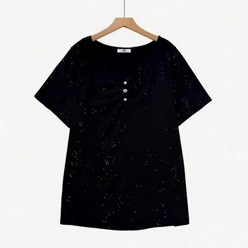 Plusock Speckled Cotton Button Detail Relaxed Top - Black - 6XL - image 0