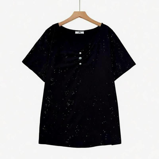 Plusock Speckled Cotton Button Detail Relaxed Top - Black - 6XL - image 0