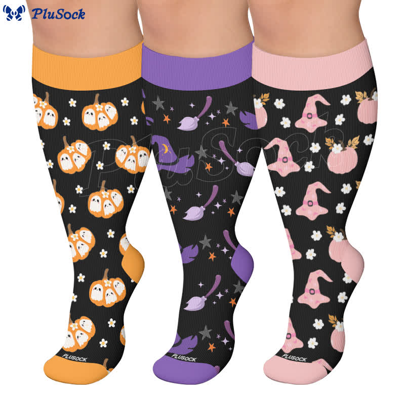 Plusock Plus Size Ghost Motifs Witch Hat Compression Socks - image 0