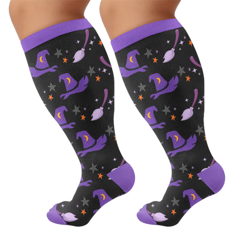 Plusock Plus Size Ghost Motifs Witch Hat Compression Socks - Purple - 4XL - image 5