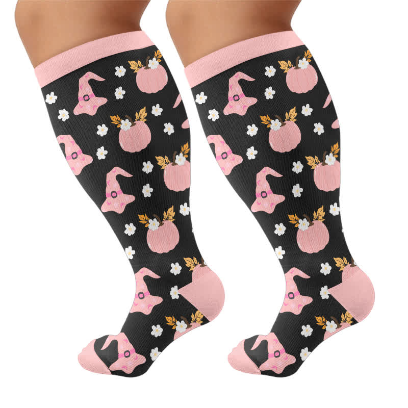 Plusock Plus Size Ghost Motifs Witch Hat Compression Socks - Pink - 4XL - image 9