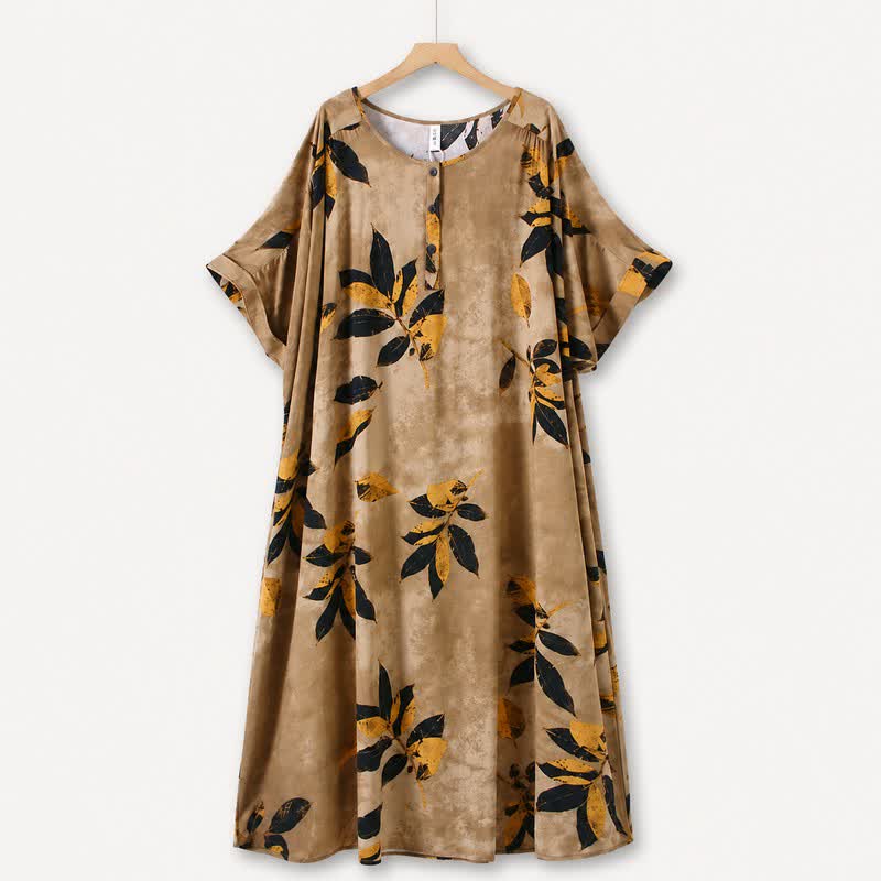 Plusock Leaf Print Relaxed Midi Dress - Khaki - 5XL - image 0