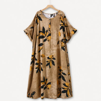 Plusock Leaf Print Relaxed Midi Dress - Khaki - 5XL - image 0
