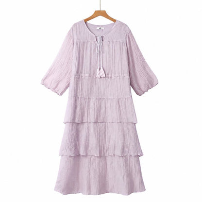 Plusock Crinkle Tiered Tassel Tie Midi Dress - Purple - 6XL - image 0