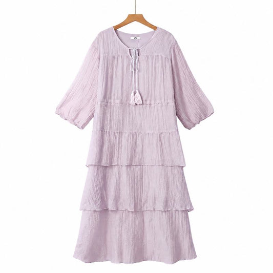 Plusock Crinkle Tiered Tassel Tie Midi Dress - Purple - 6XL - image 0