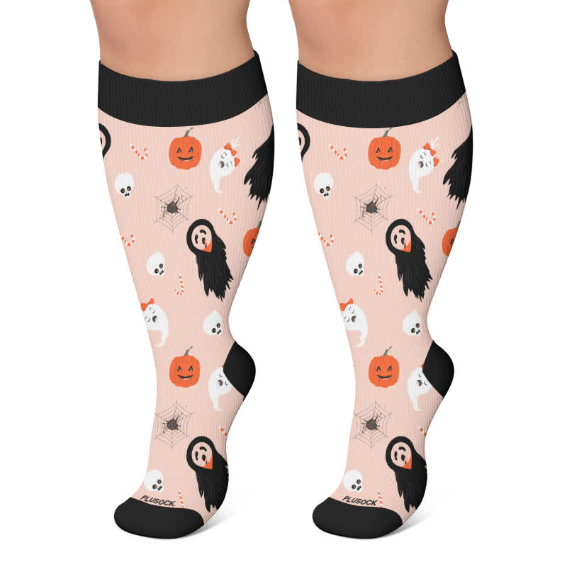 Plusock Plus Size Ghosts Bats Spider Compression Socks - Pink - 4XL - image 4