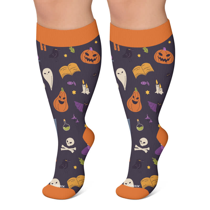 Plusock Plus Size Spooky Pumpkin Ghost Compression Socks - Dark Grey - 4XL - image 4