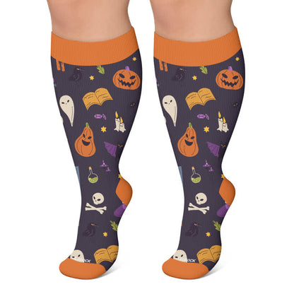 Plusock Plus Size Spooky Pumpkin Ghost Compression Socks - Dark Grey - 4XL - image 4