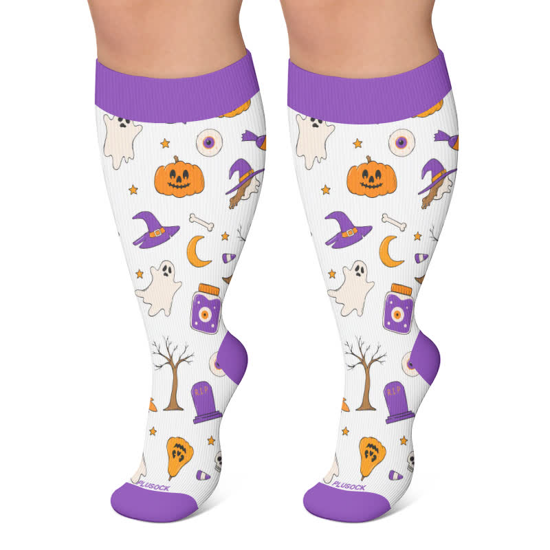 Plusock Plus Size Spooky Pumpkin Ghost Compression Socks - Purple - 4XL - image 6