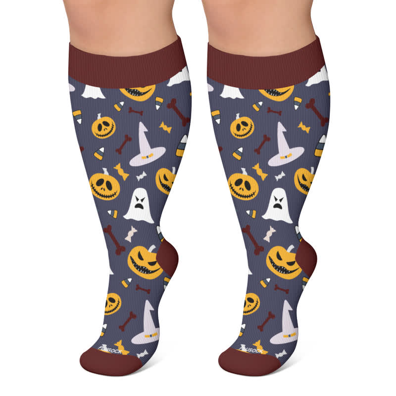 Plusock Plus Size Spooky Pumpkin Ghost Compression Socks - Grey - 4XL - image 5