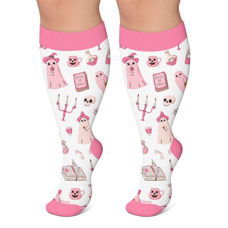 Plusock Plus Size Spellbound Ghost Pumpkin Compression Socks - Pink - 4XL - image 5