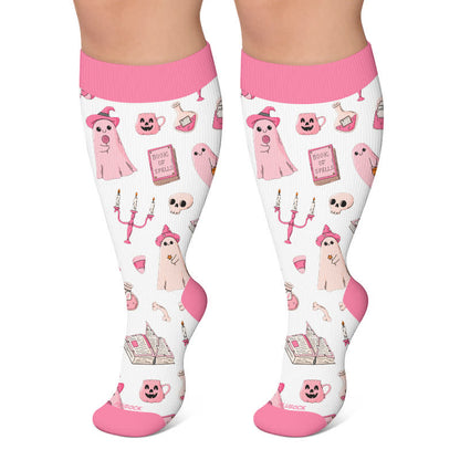 Plusock Plus Size Spellbound Ghost Pumpkin Compression Socks - Pink - 4XL - image 5
