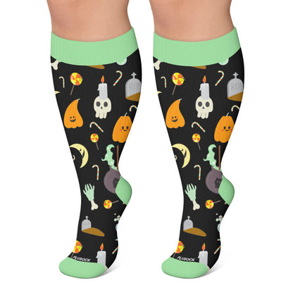 Plusock Plus Size Spellbound Ghost Pumpkin Compression Socks - Green - 4XL - image 4
