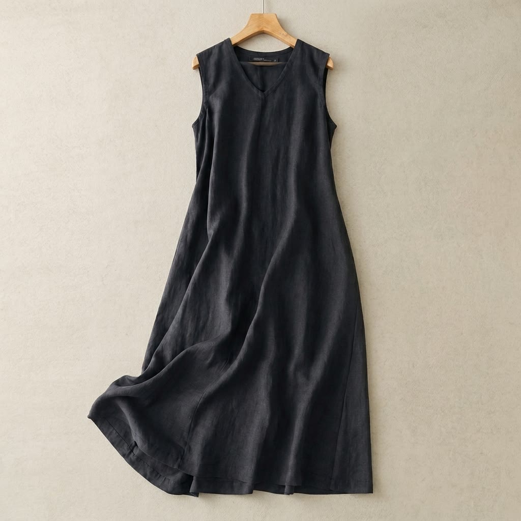 Plusock V-Neck Cotton Linen Maxi Dress - Navy Blue - 5XL - image 2