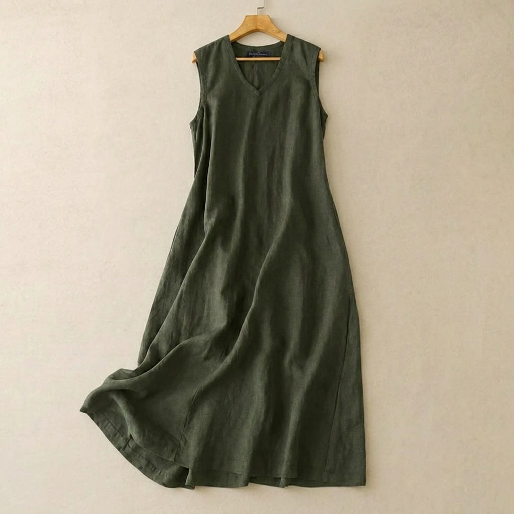 Plusock V-Neck Cotton Linen Maxi Dress - Green - 5XL - image 0