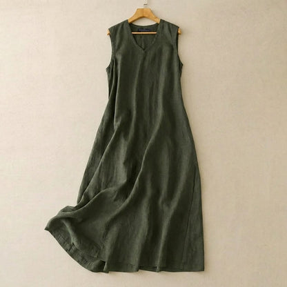 Plusock V-Neck Cotton Linen Maxi Dress - Green - 5XL - image 0