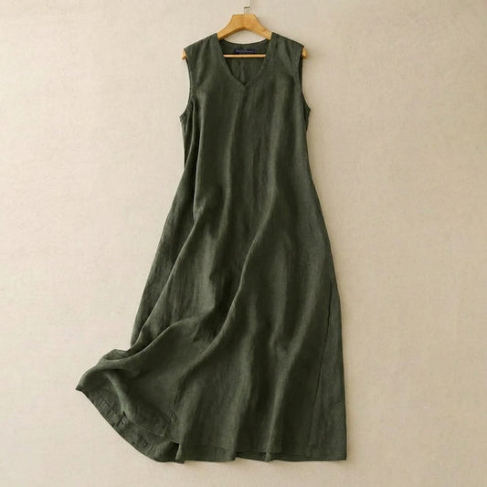 Plusock V-Neck Cotton Linen Maxi Dress - Green - 5XL - image 0