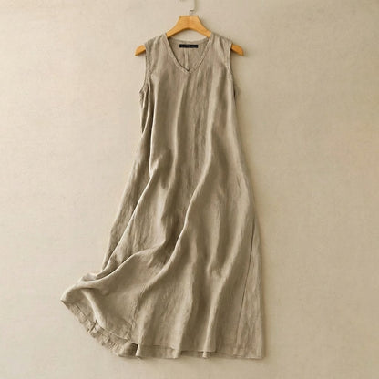Plusock V-Neck Cotton Linen Maxi Dress - Khaki - 5XL - image 1