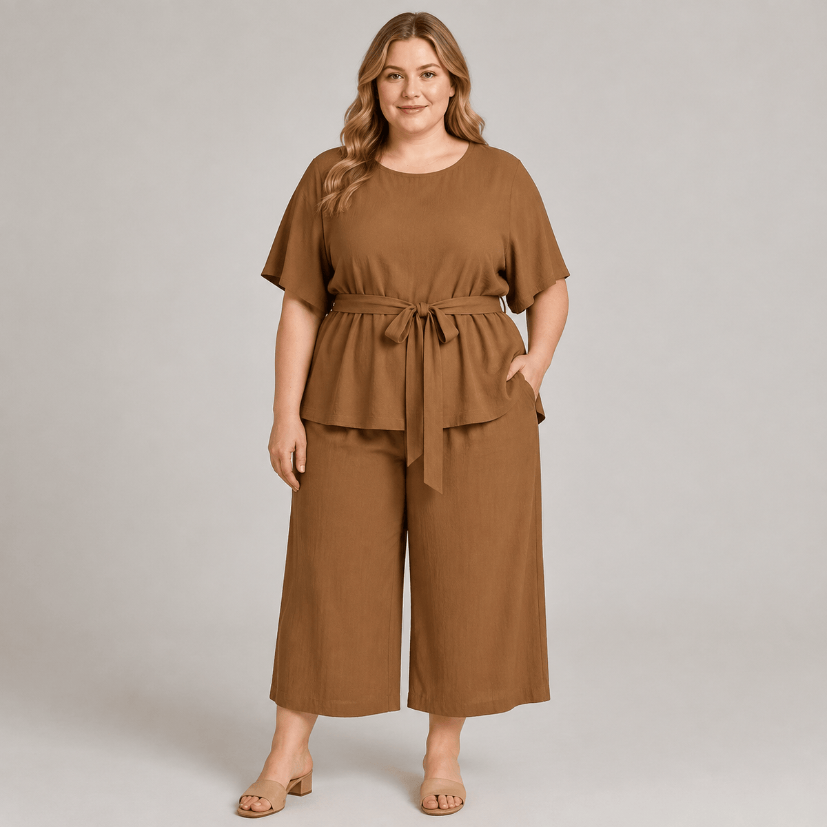 Plusock Relaxed Belted Top Wide Leg Pocket Pants Set - image 1