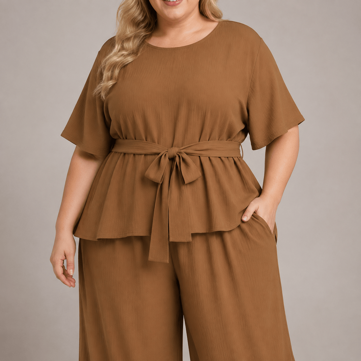 Plusock Relaxed Belted Top Wide Leg Pocket Pants Set - image 2