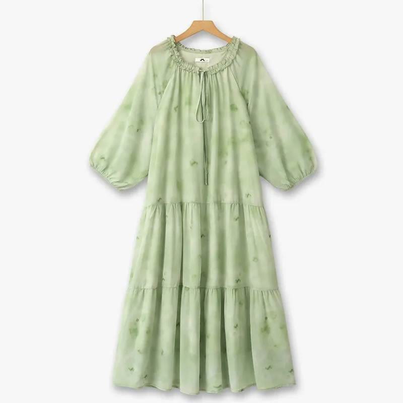 Plusock Romantic Tie Neck Ruffle Maxi Dress - Green - 6XL - image 0