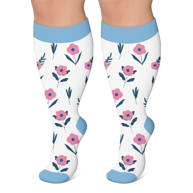 Plusock Plus Size Floral Autumn Leaf Compression Socks - Blue - 4XL - image 4