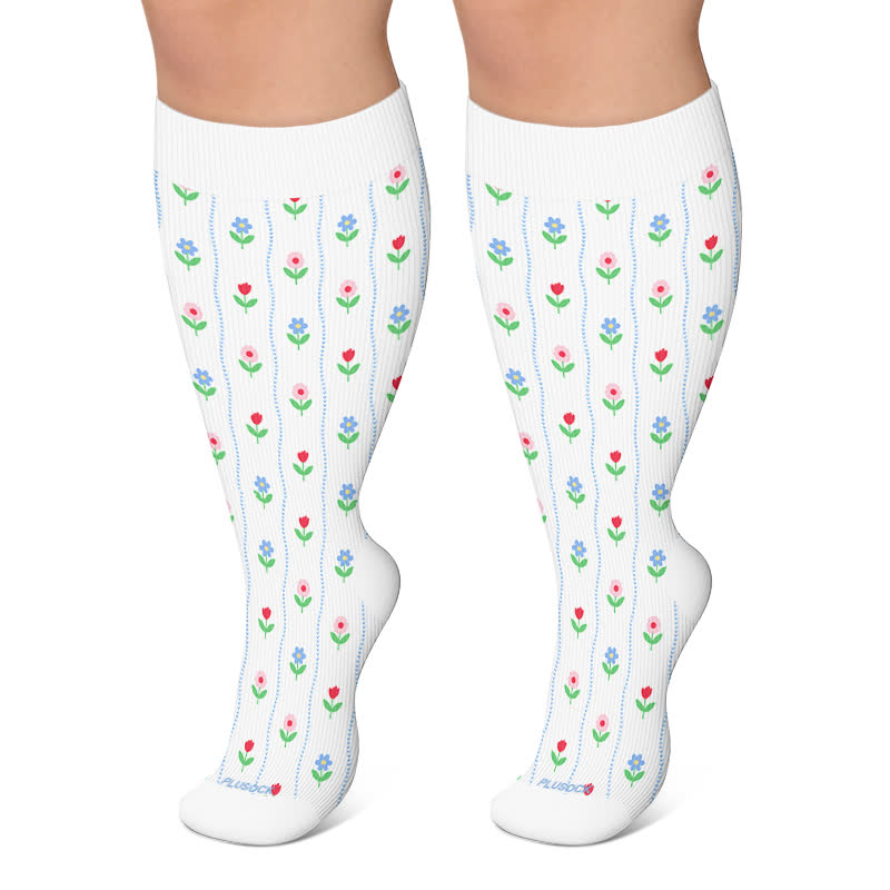 Plusock Plus Size Floral Stripe Compression Socks - White - 4XL - image 4