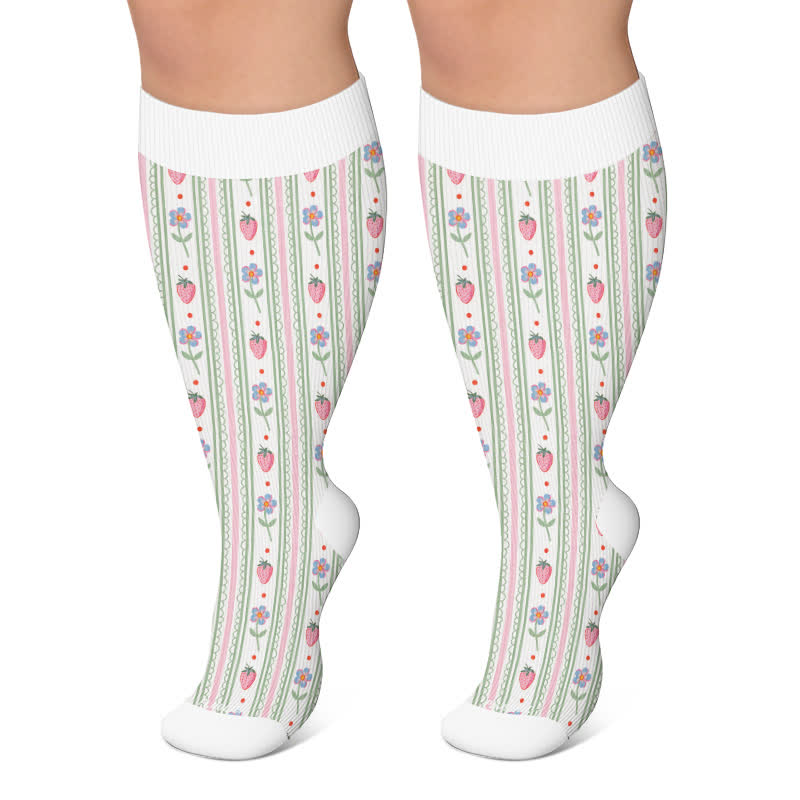 Plusock Plus Size Strawberry Kitty Garden Compression Socks - White - 4XL - image 4