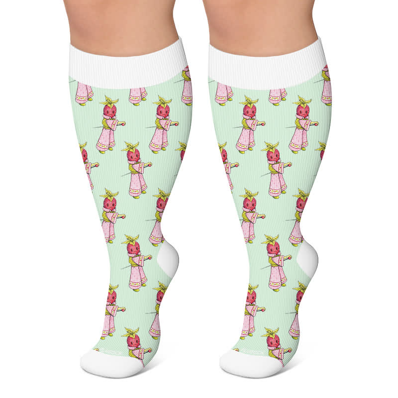 Plusock Plus Size Strawberry Kitty Garden Compression Socks - Green - 4XL - image 5