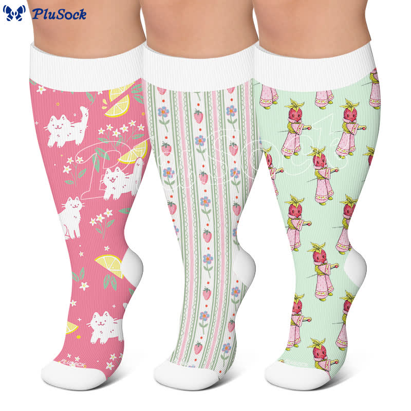 Plusock Plus Size Strawberry Kitty Garden Compression Socks - image 0