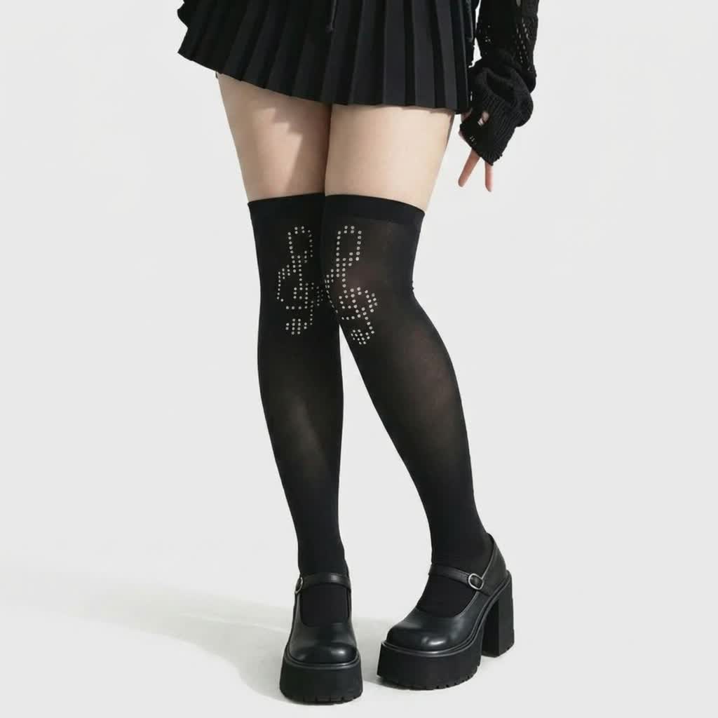 Plusock Rhinestone Wing Thigh High Stockings(2 Pairs) - Musical Note - Classic - One Size - image 4