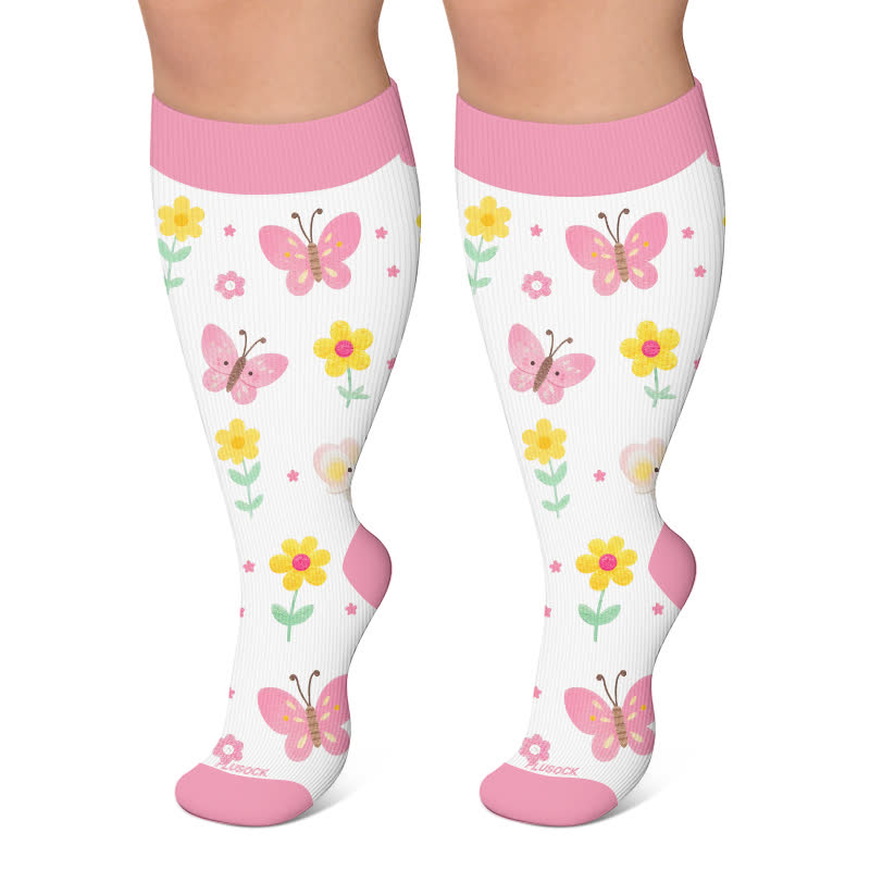 Plusock Plus Size Butterfly Meadow Printed Compression Socks - Light Pink - 4XL - image 6