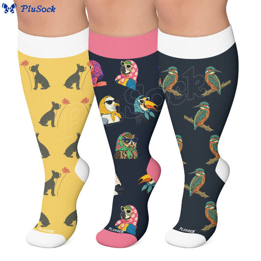 Plusock Plus Size Playful Cat Bird Compression Socks - image 0