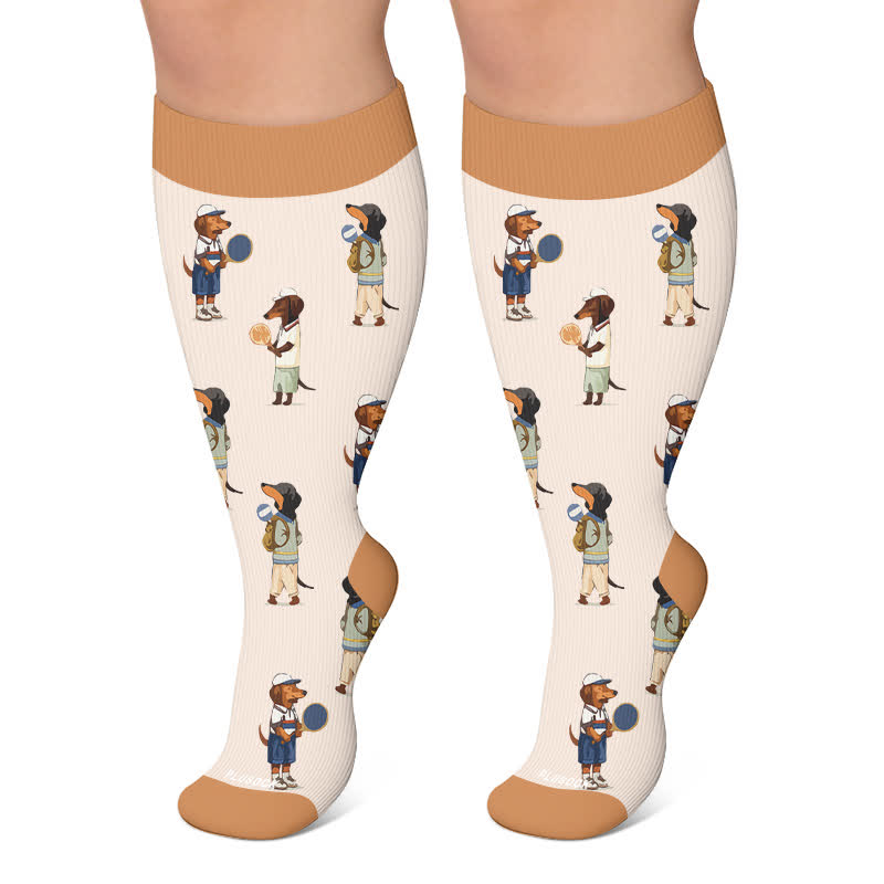 Plusock Plus Size Playful Puppy Floral Compression Socks - Khaki - 4XL - image 4