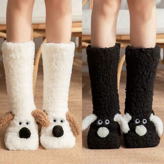 Plusock Cozy Puppy Sherpa Home Slipper Socks(2 Pairs) - Black+White - EU36-43(US3-9) - image 0