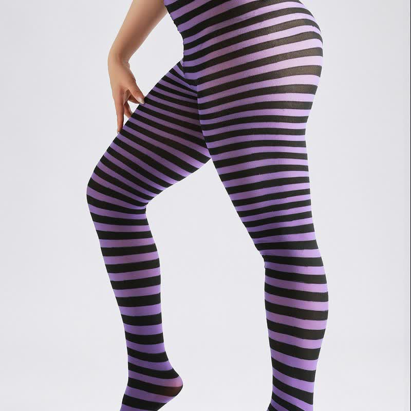 Plusock Halloween Candy Stripe High Waist Footed Pantyhose (3 Pairs) - Purple - One Size - image 2
